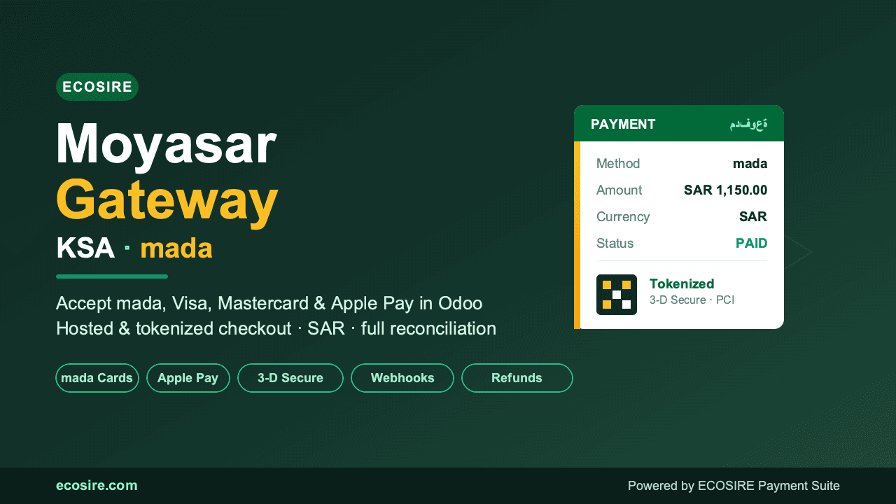 ECOSIRE Payment | Moyasar — Moyasar payment gateway for Odoo — KSA / mada, Visa, Mastercard, Apple Pay & STC Pay — Image 1 of 1