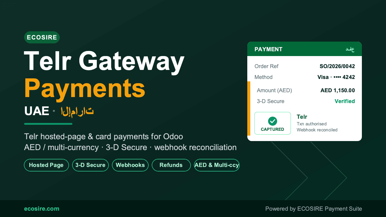 ECOSIRE Payment | Telr (UAE / MENA) — Telr hosted-payment-page gateway for Odoo: card, mada, Apple Pay, Samsung Pay, wallets — Image 1 of 1