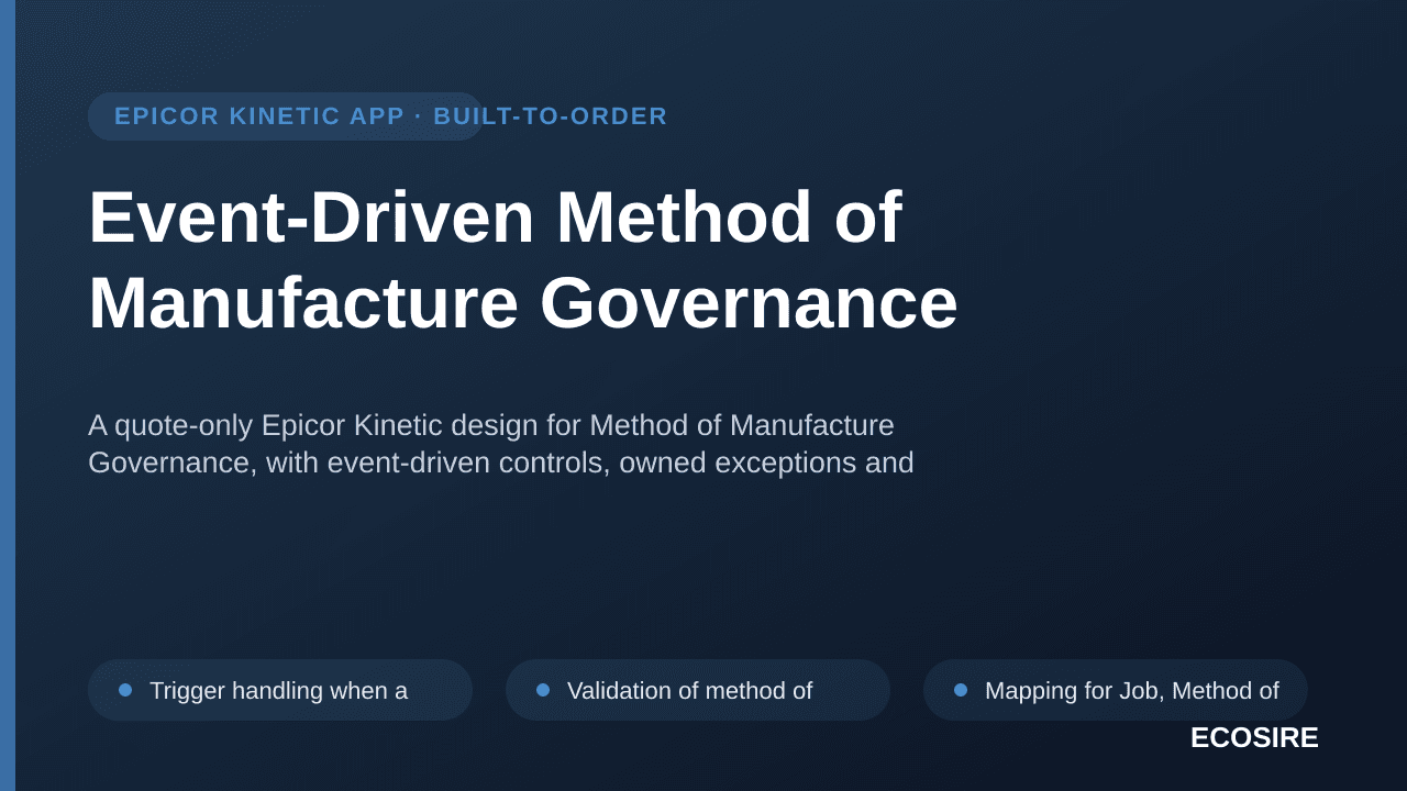 Event-Driven Method of Manufacture Governance — A quote-only Epicor Kinetic design for Method of Manufacture Governance, with — 1/3