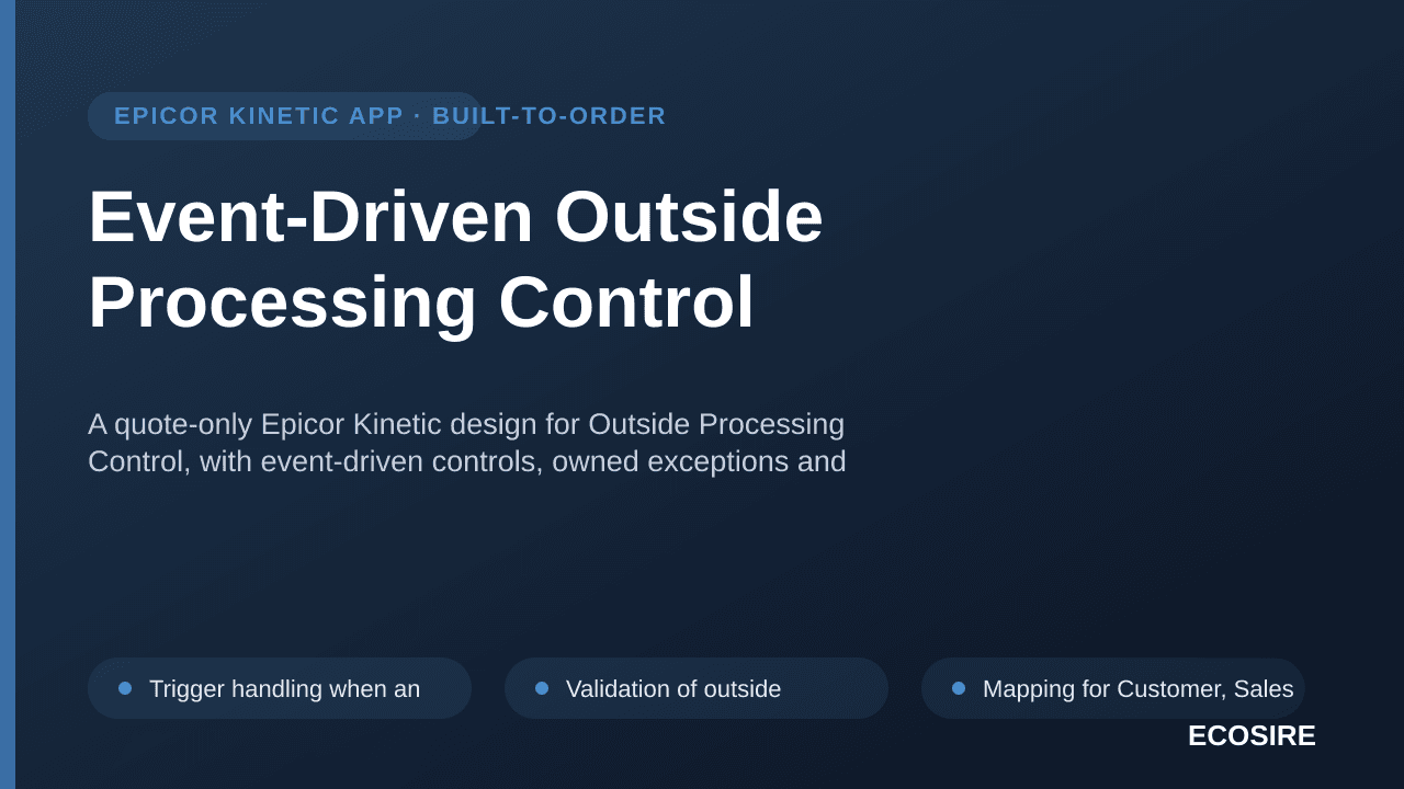 Event-Driven Outside Processing Control — A quote-only Epicor Kinetic design for Outside Processing Control, with event-drive — 1/3