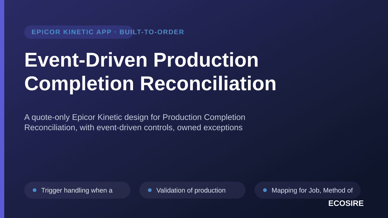 Event-Driven Production Completion Reconciliation — A quote-only Epicor Kinetic design for Production Completion Reconciliati — 1/3