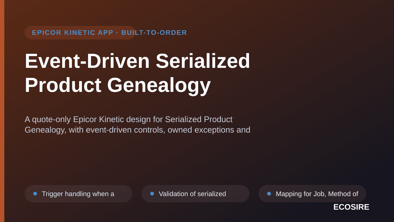 Event-Driven Serialized Product Genealogy — A quote-only Epicor Kinetic design for Serialized Product Genealogy, with event-d — 1/3