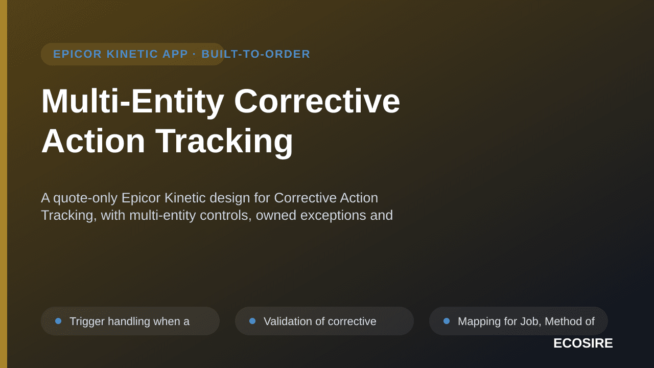 Multi-Entity Corrective Action Tracking — A quote-only Epicor Kinetic design for Corrective Action Tracking, with multi-entit — 1/3