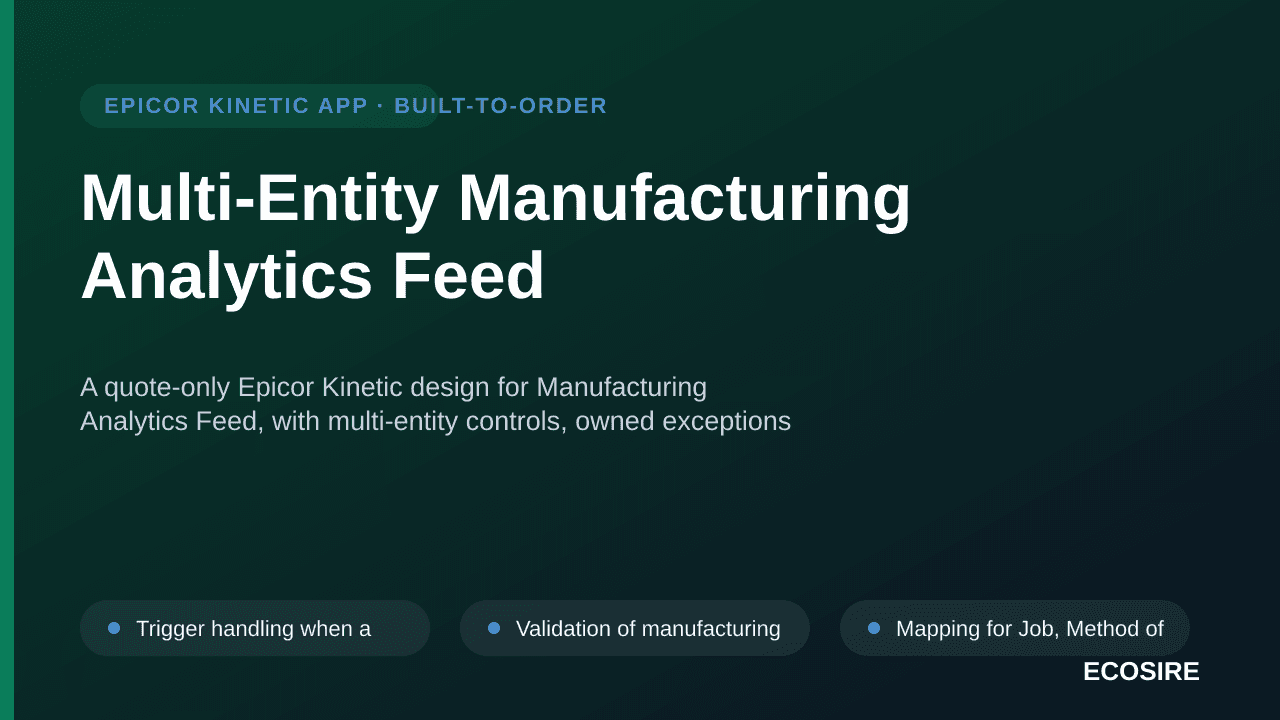 Multi-Entity Manufacturing Analytics Feed — A quote-only Epicor Kinetic design for Manufacturing Analytics Feed, with multi-e — 1/3