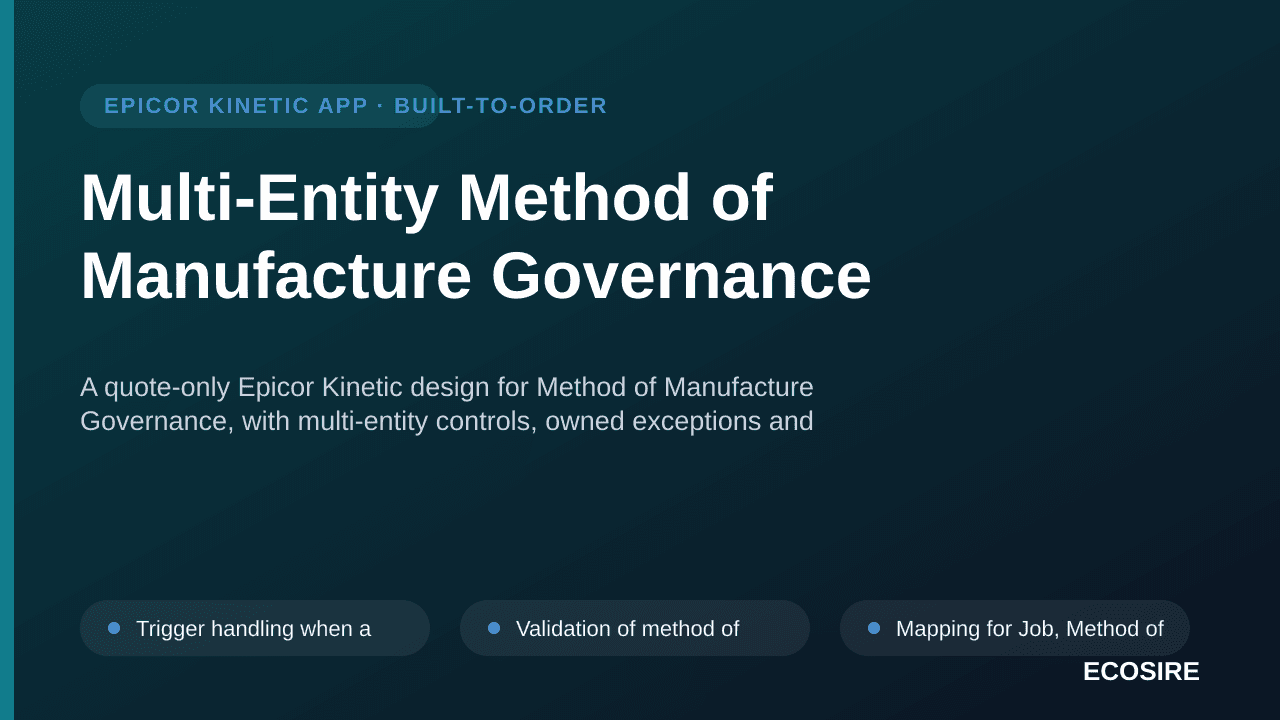 Multi-Entity Method of Manufacture Governance — A quote-only Epicor Kinetic design for Method of Manufacture Governance, with — 1/3