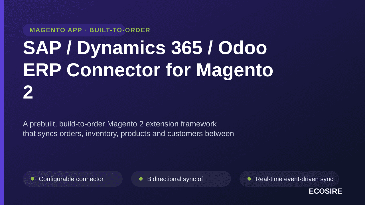 SAP / Dynamics 365 / Odoo ERP Connector for Magento 2 — A prebuilt, build-to-order Magento 2 extension framework that syncs o — Image 1 of 3