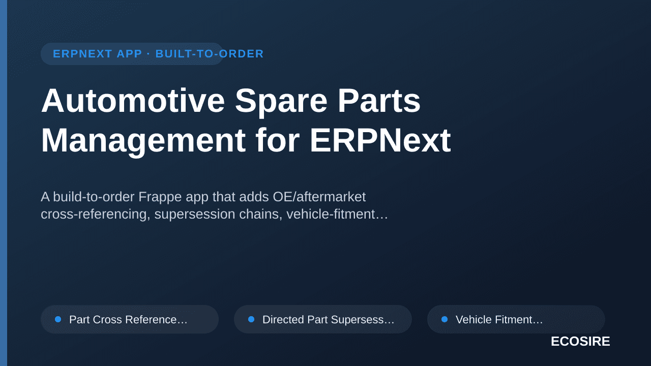 Automotive Spare Parts Management for ERPNext — A build-to-order Frappe app that adds OE/aftermarket cross-referencing, super — 1/1