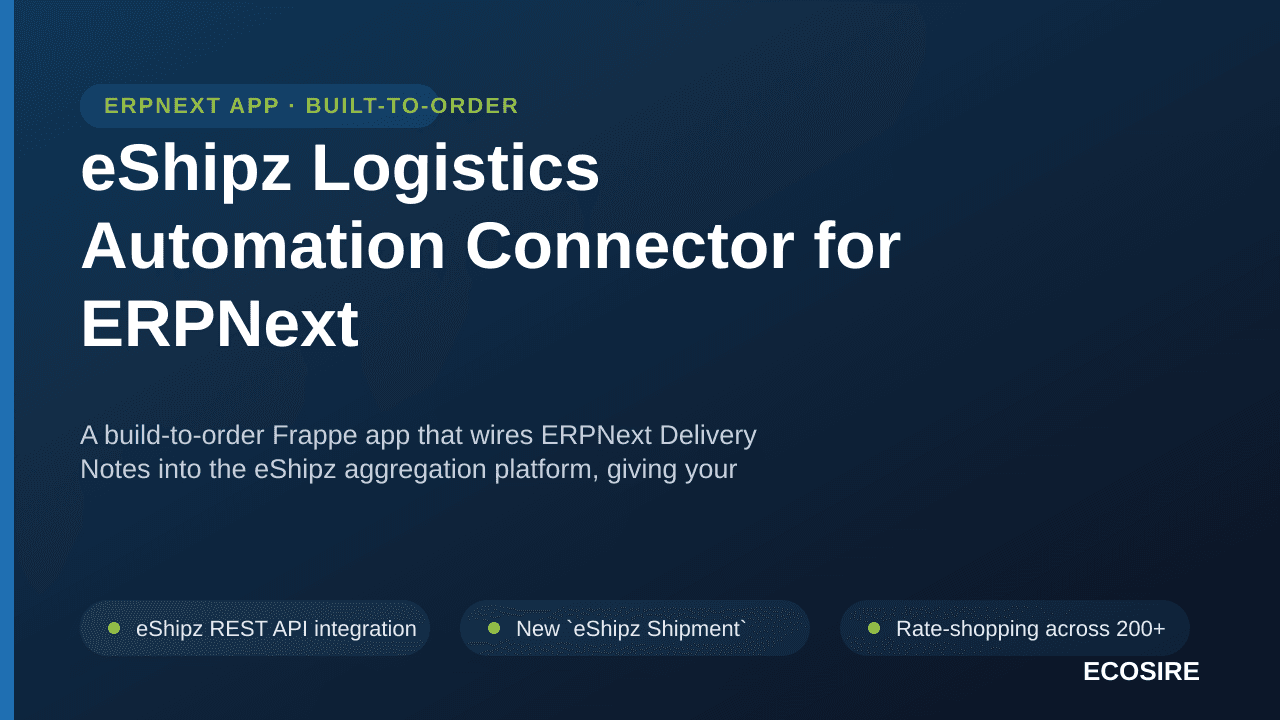 eShipz Logistics Automation Connector for ERPNext — A build-to-order Frappe app that wires ERPNext Delivery Notes into the eS — Image 1 of 3