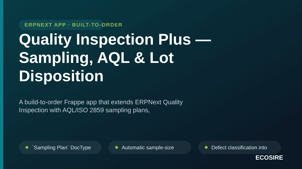 Quality Inspection Plus — Sampling, AQL & Lot Disposition — A build-to-order Frappe app that extends ERPNext Quality Inspecti — Image 1 of 3