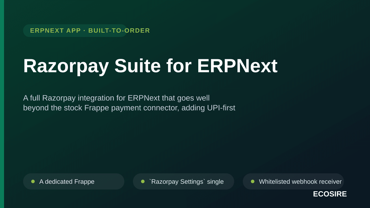 Razorpay Suite for ERPNext — A full Razorpay integration for ERPNext that goes well beyond the stock Frappe payment connector — Image 1 of 3