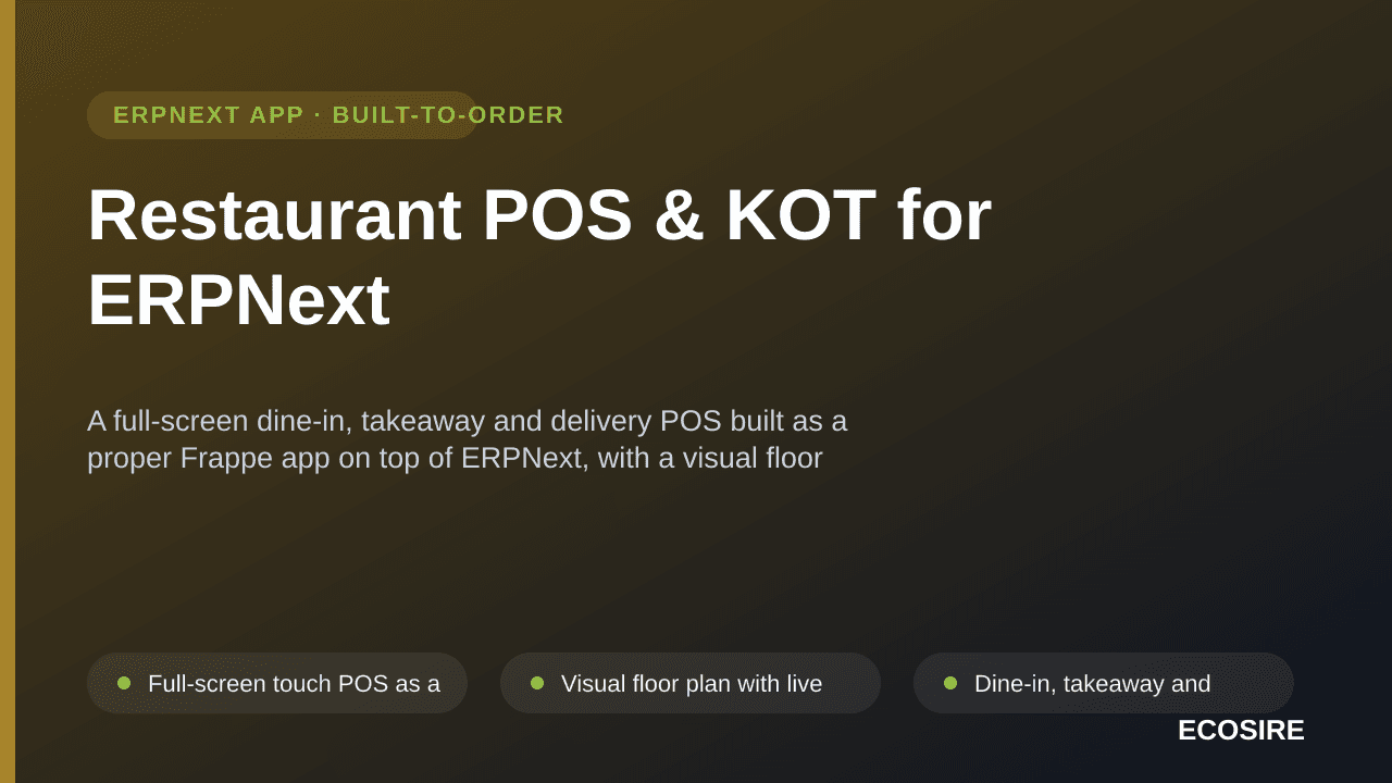 Restaurant POS & KOT for ERPNext — A full-screen dine-in, takeaway and delivery POS built as a proper Frappe app on top of ER — Image 1 of 3
