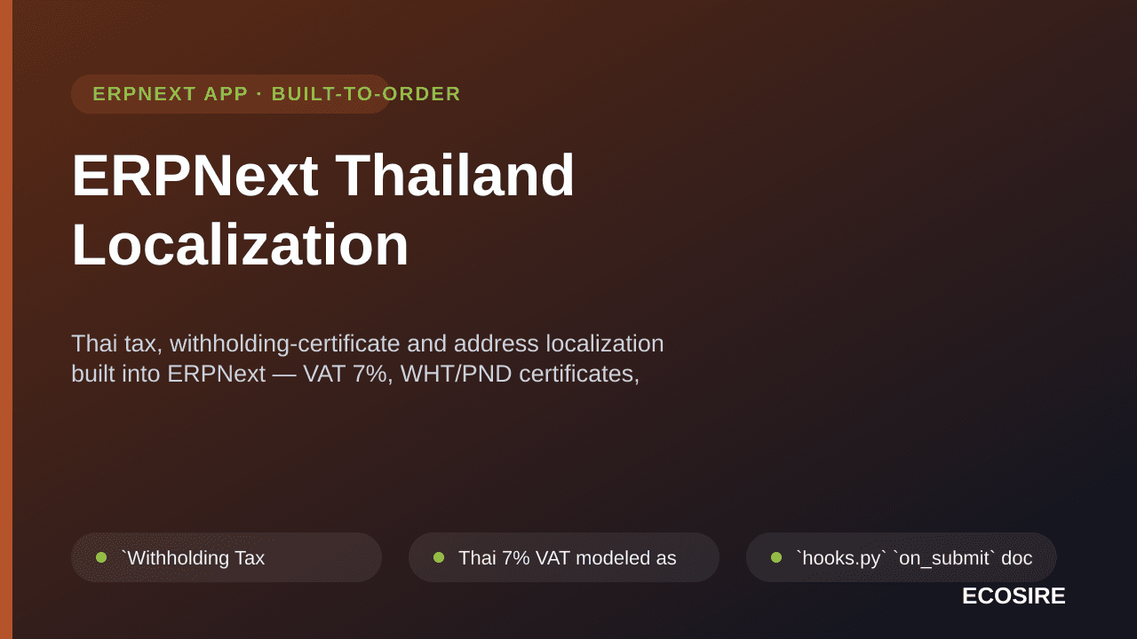 ERPNext Thailand Localization — Thai tax, withholding-certificate and address localization built into ERPNext — VAT 7%, WHT/P — Image 1 of 3
