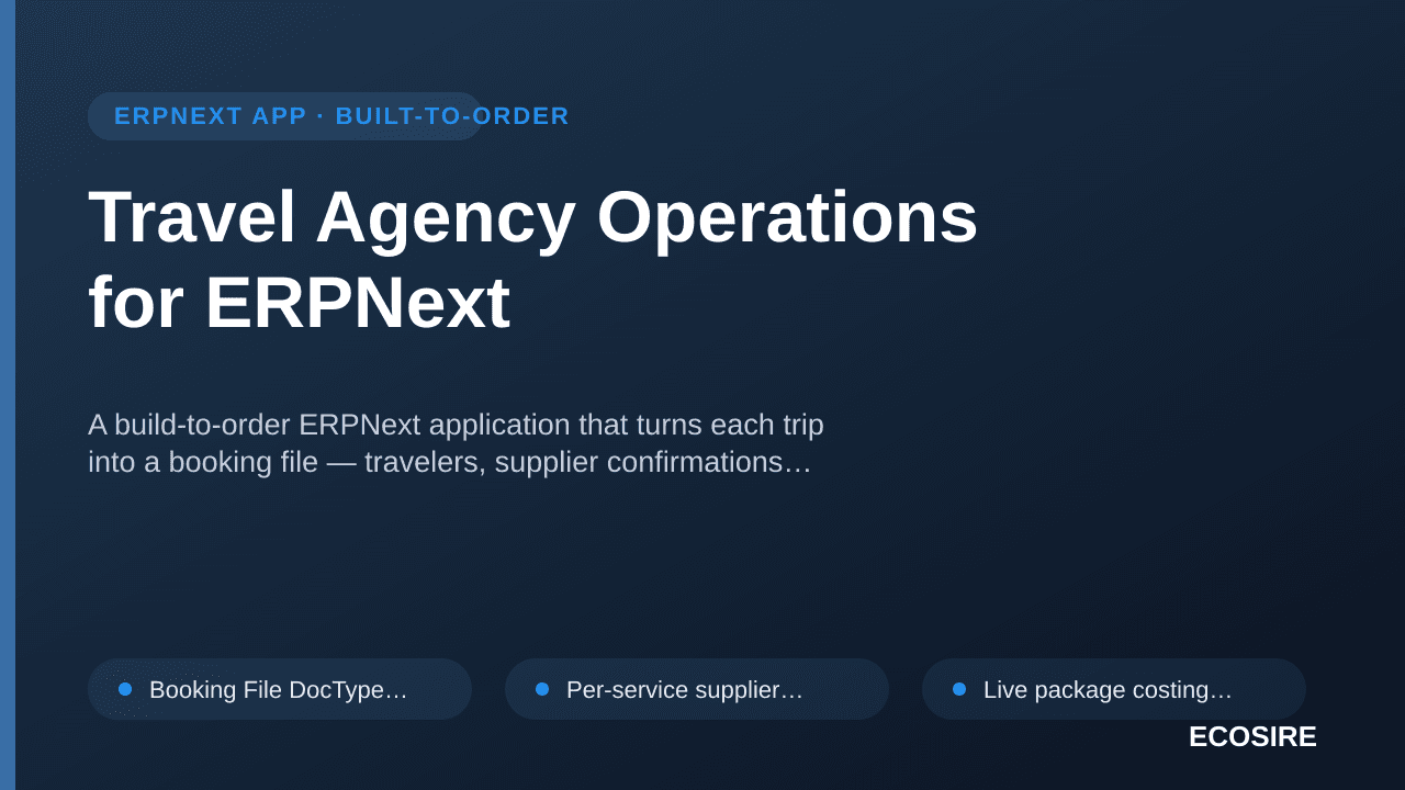 Travel Agency Operations for ERPNext — A build-to-order ERPNext application that turns each trip into a booking file — travel — 1/1