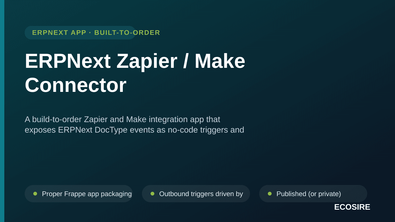 ERPNext Zapier / Make Connector — A build-to-order Zapier and Make integration app that exposes ERPNext DocType events as no- — Image 1 of 3