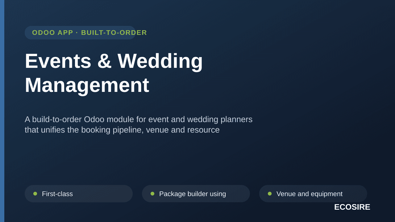 Events & Wedding Management — A build-to-order Odoo module for event and wedding planners that unifies the booking pipeline,  — Image 1 of 3