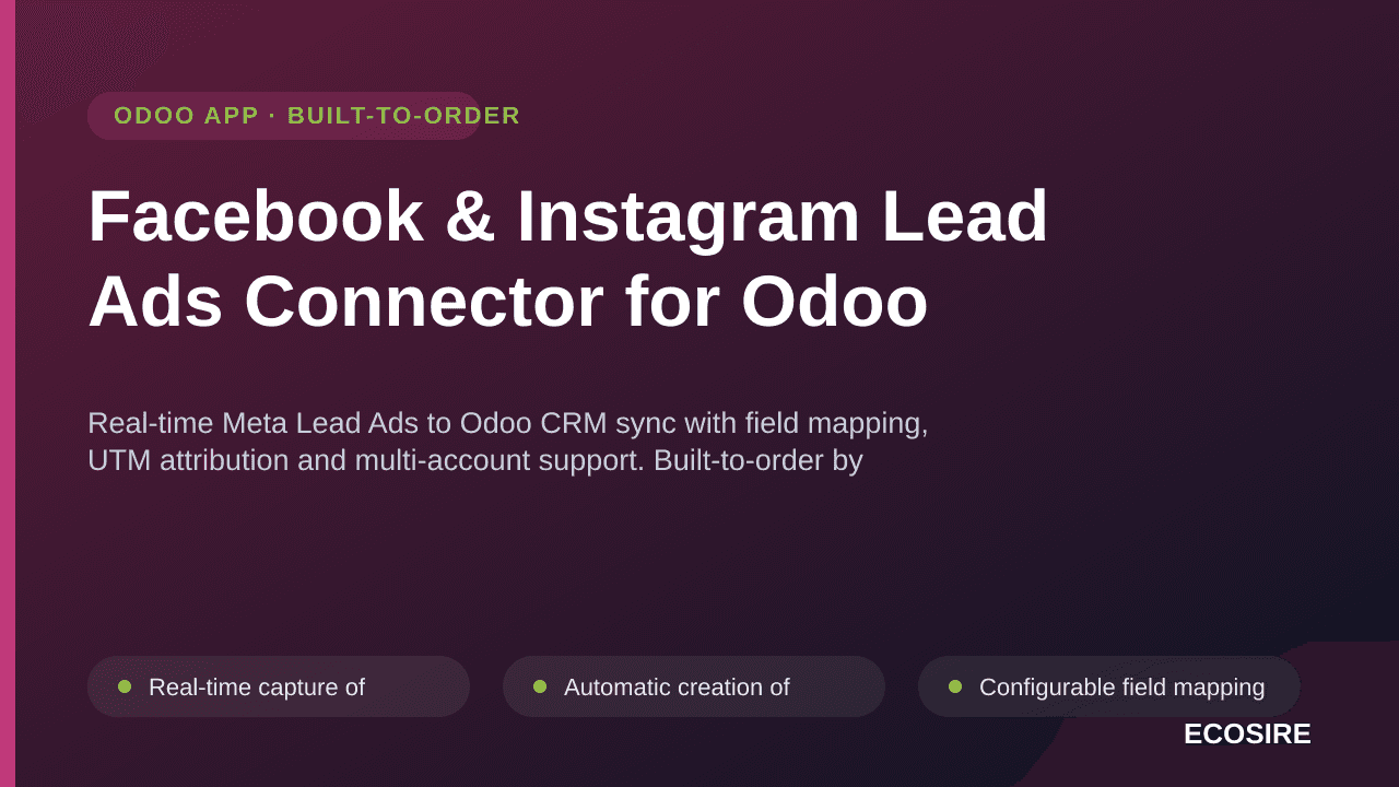 Facebook & Instagram Lead Ads Connector for Odoo — Real-time Meta Lead Ads to Odoo CRM sync with field mapping, UTM attributi — Image 1 of 3
