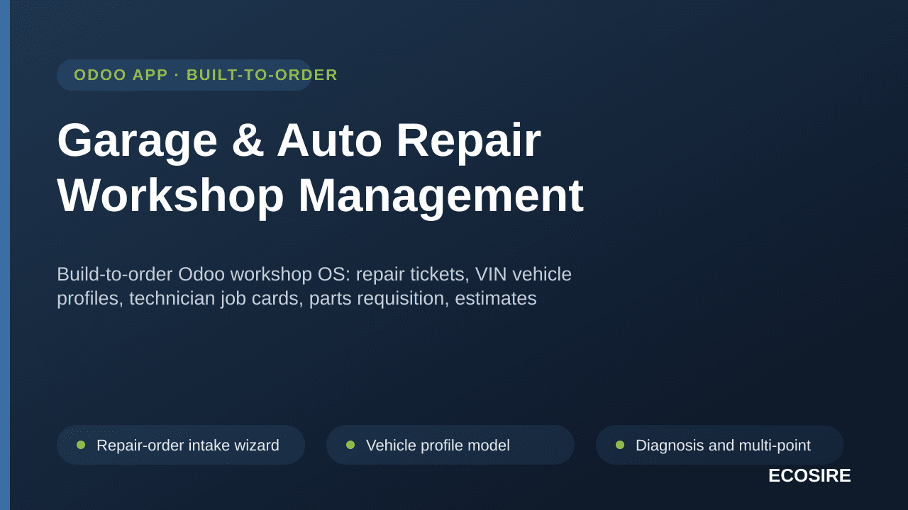 Garage & Auto Repair Workshop Management — Build-to-order Odoo workshop OS: repair tickets, VIN vehicle profiles, technician  — Image 1 of 3