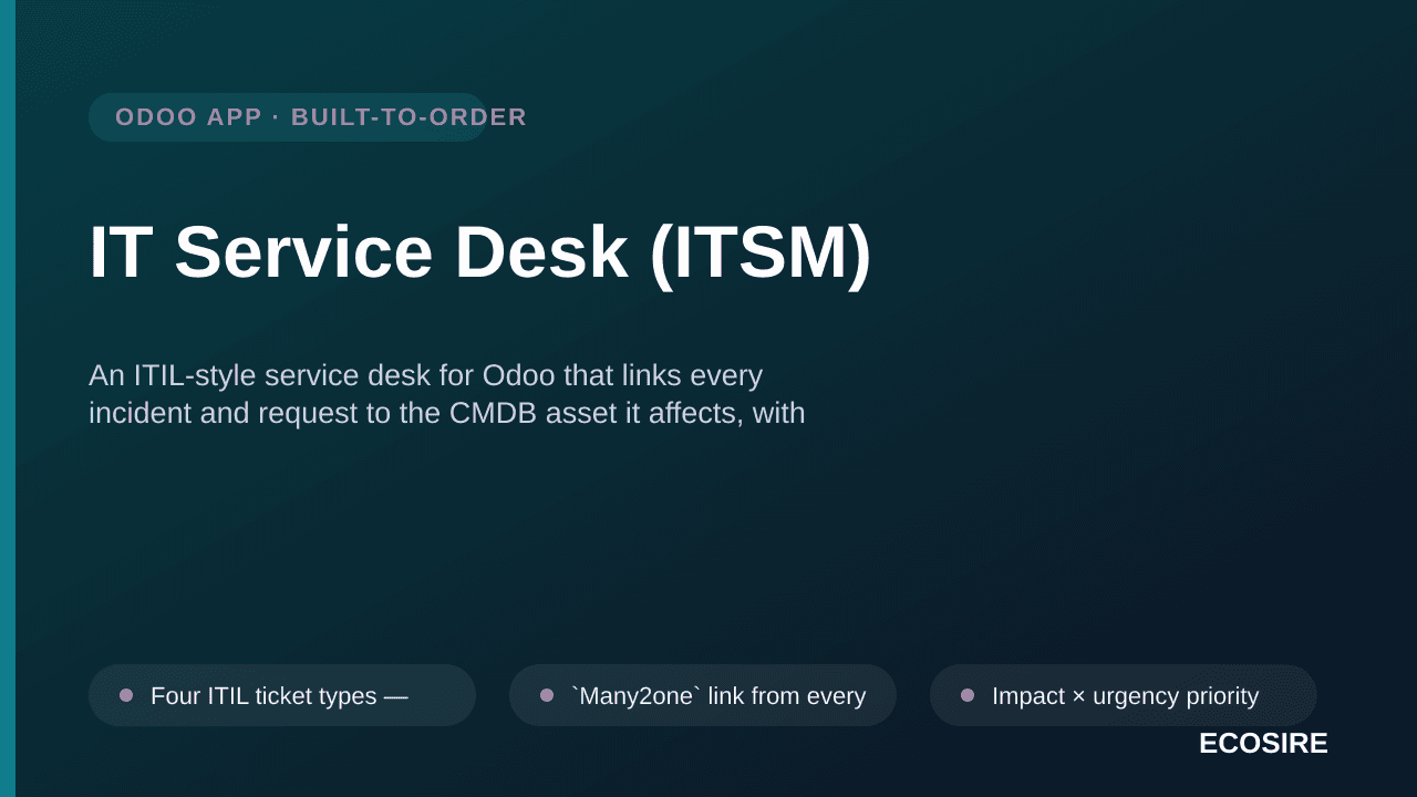 IT Service Desk (ITSM) — An ITIL-style service desk for Odoo that links every incident and request to the CMDB asset it affec — Image 1 of 3