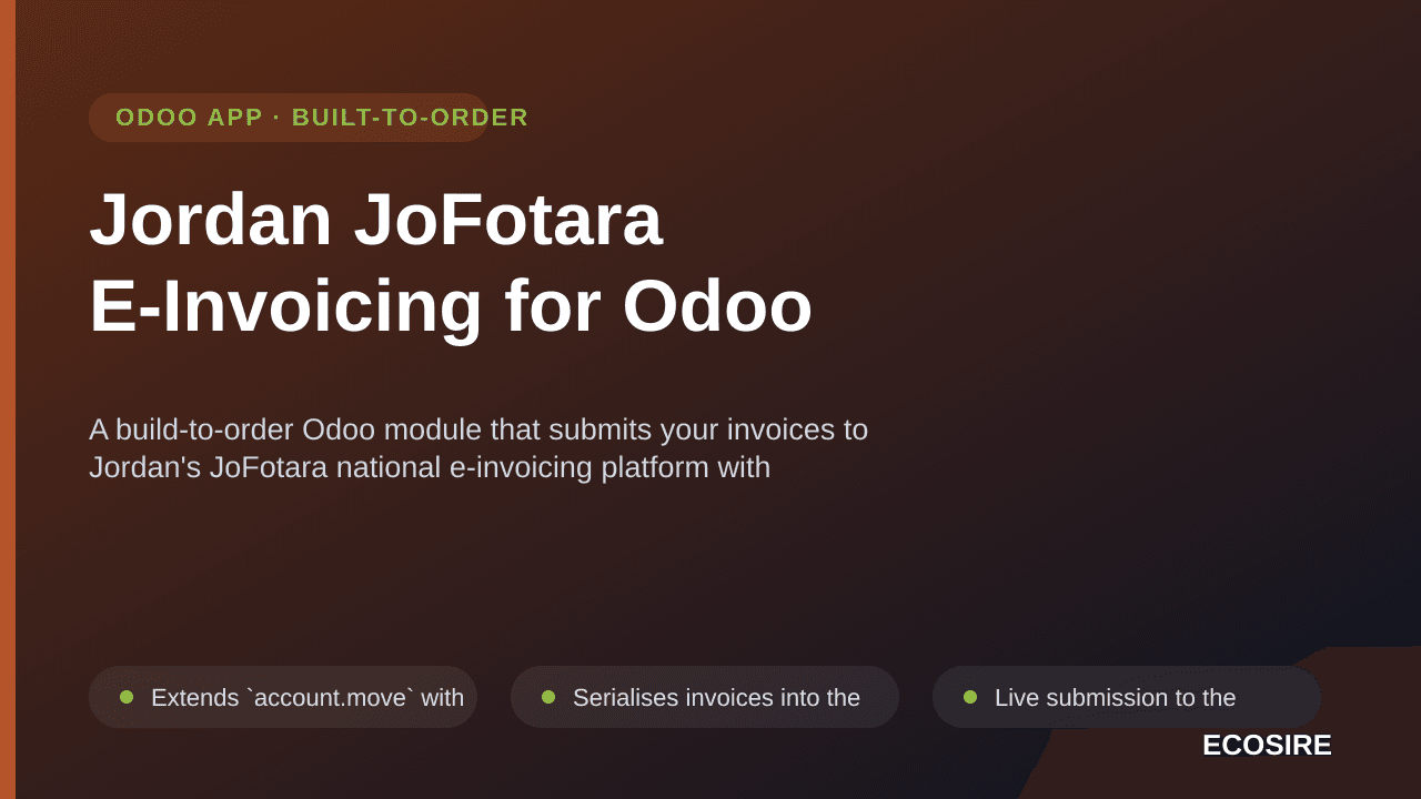 Jordan JoFotara E-Invoicing for Odoo — A build-to-order Odoo module that submits your invoices to Jordan's JoFotara national  — Image 1 of 3