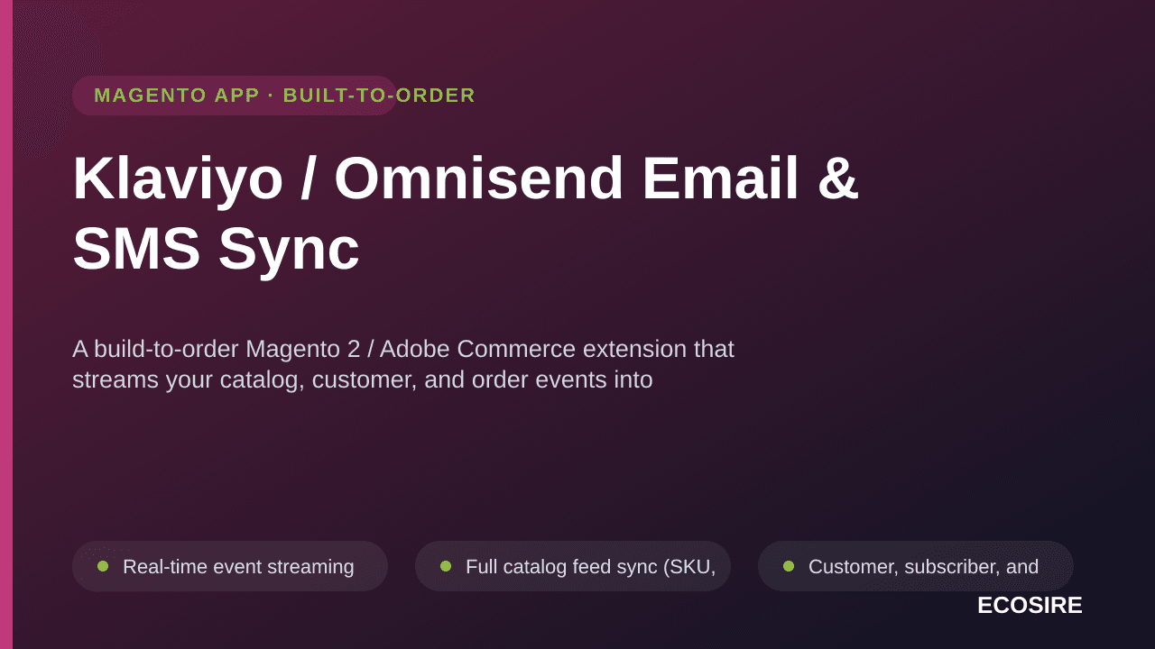 Klaviyo / Omnisend Email & SMS Sync — A build-to-order Magento 2 / Adobe Commerce extension that streams your catalog, custom — Image 1 of 3