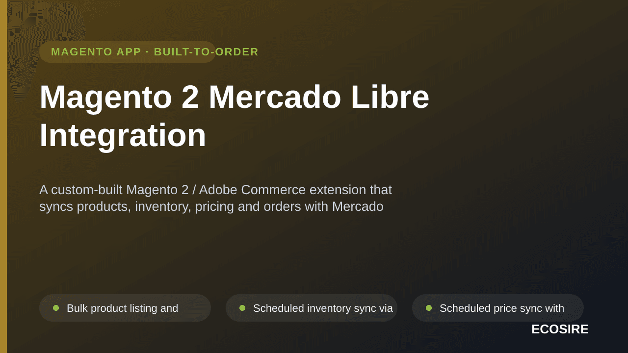 Magento 2 Mercado Libre Integration — A custom-built Magento 2 / Adobe Commerce extension that syncs products, inventory, pri — Image 1 of 3