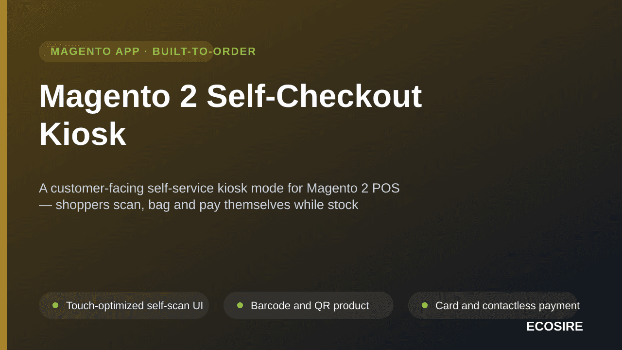 Magento 2 Self-Checkout Kiosk — A customer-facing self-service kiosk mode for Magento 2 POS — shoppers scan, bag and pay them — Image 1 of 3