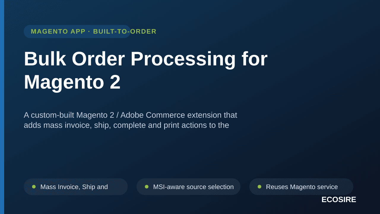 Bulk Order Processing for Magento 2 — A custom-built Magento 2 / Adobe Commerce extension that adds mass invoice, ship, compl — Image 1 of 3