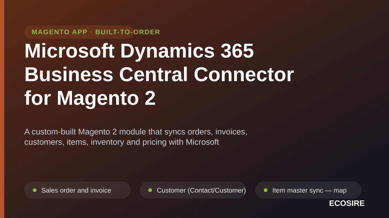 Microsoft Dynamics 365 Business Central Connector for Magento 2 — A custom-built Magento 2 module that syncs orders, invoices — Image 1 of 3