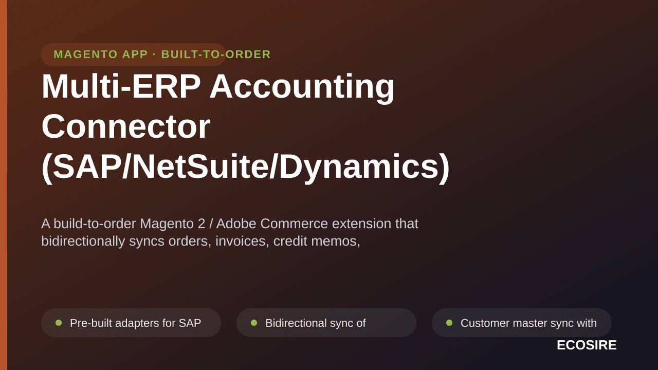 Multi-ERP Accounting Connector (SAP/NetSuite/Dynamics) for Magento 2 — A build-to-order Magento 2 / Adobe Commerce extension  — Image 1 of 3