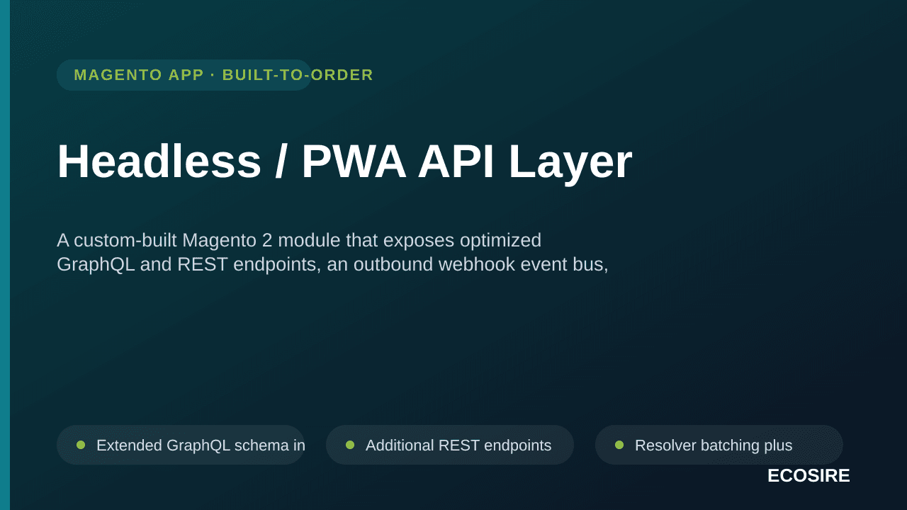 Headless / PWA API Layer — A custom-built Magento 2 module that exposes optimized GraphQL and REST endpoints, an outbound web — Image 1 of 3