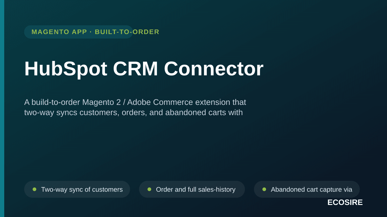 HubSpot CRM Connector — A build-to-order Magento 2 / Adobe Commerce extension that two-way syncs customers, orders, and aband — Image 1 of 3
