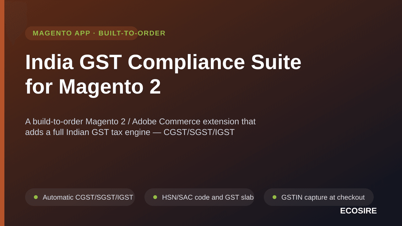 India GST Compliance Suite for Magento 2 — A build-to-order Magento 2 / Adobe Commerce extension that adds a full Indian GST  — Image 1 of 3