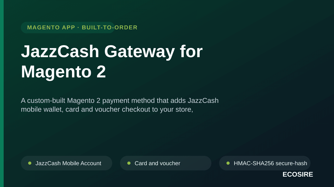 JazzCash Gateway for Magento 2 — A custom-built Magento 2 payment method that adds JazzCash mobile wallet, card and voucher c — Image 1 of 3