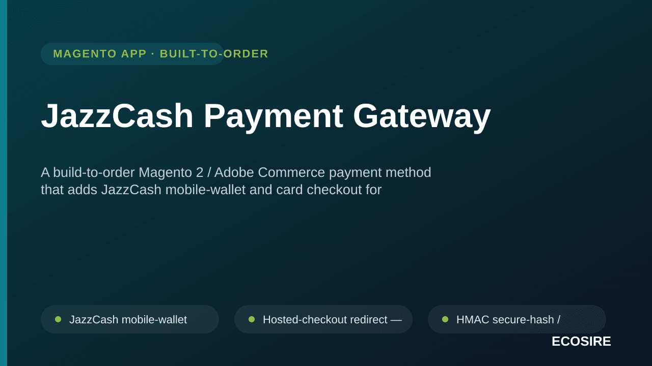 JazzCash Payment Gateway — A build-to-order Magento 2 / Adobe Commerce payment method that adds JazzCash mobile-wallet and ca — Image 1 of 3