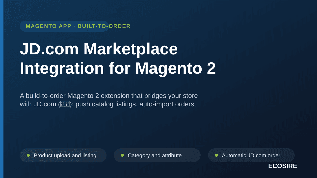 JD.com Marketplace Integration for Magento 2 — A build-to-order Magento 2 extension that bridges your store with JD — Image 1 of 3