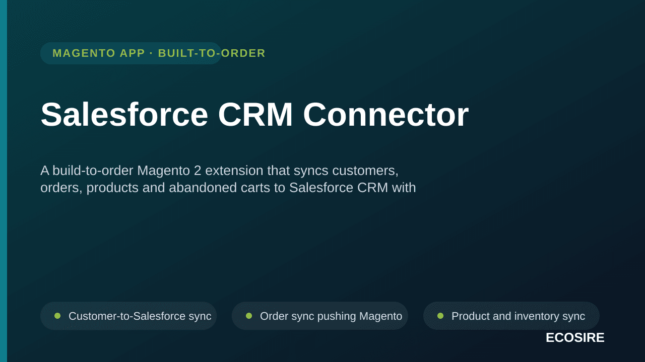 Salesforce CRM Connector — A build-to-order Magento 2 extension that syncs customers, orders, products and abandoned carts to — Image 1 of 3