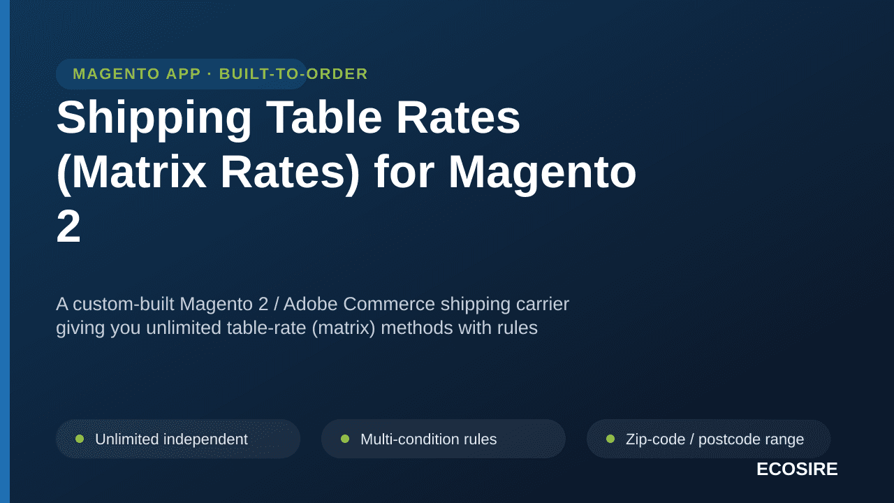 Shipping Table Rates (Matrix Rates) for Magento 2 — A custom-built Magento 2 / Adobe Commerce shipping carrier giving you unl — Image 1 of 3