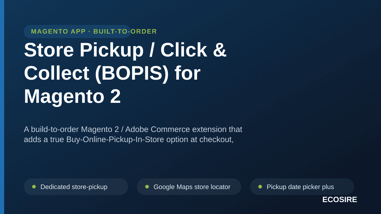 Store Pickup / Click & Collect (BOPIS) for Magento 2 — A build-to-order Magento 2 / Adobe Commerce extension that adds a true — Image 1 of 3