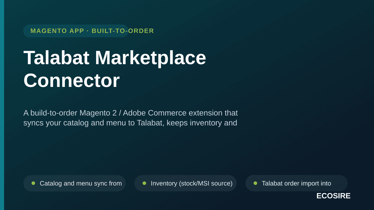 Talabat Marketplace Connector — A build-to-order Magento 2 / Adobe Commerce extension that syncs your catalog and menu to Tal — Image 1 of 3