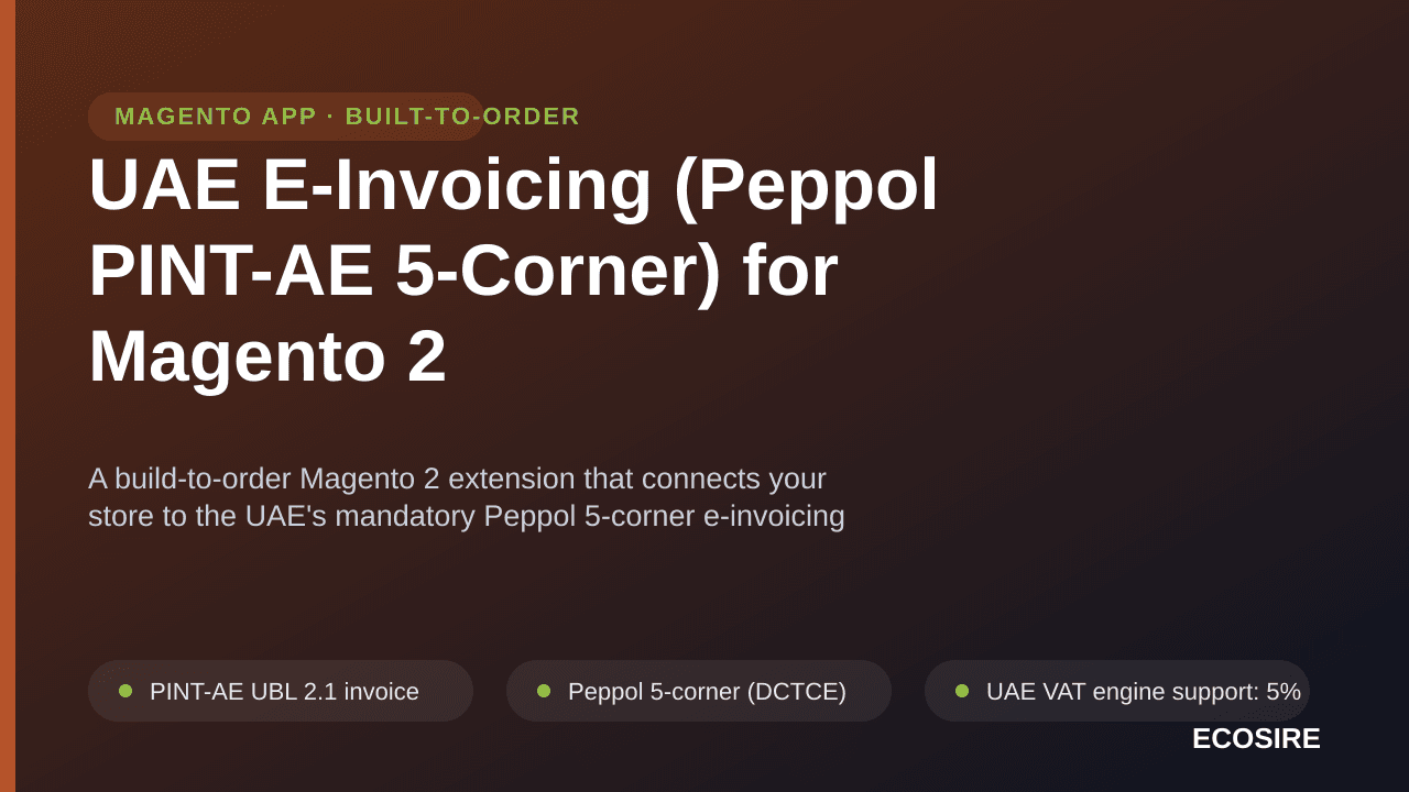 UAE E-Invoicing (Peppol PINT-AE 5-Corner) for Magento 2 — A build-to-order Magento 2 extension that connects your store to th — Image 1 of 3