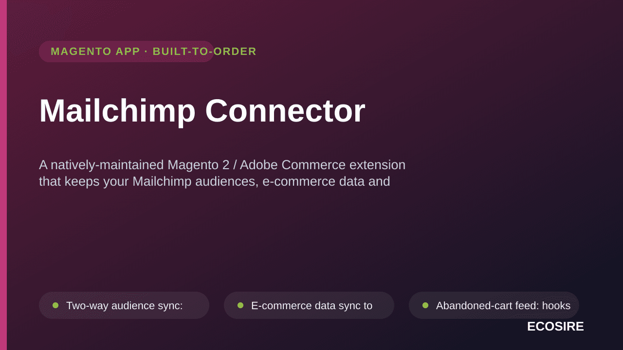 Mailchimp Connector — A natively-maintained Magento 2 / Adobe Commerce extension that keeps your Mailchimp audiences, e-comme — Image 1 of 3