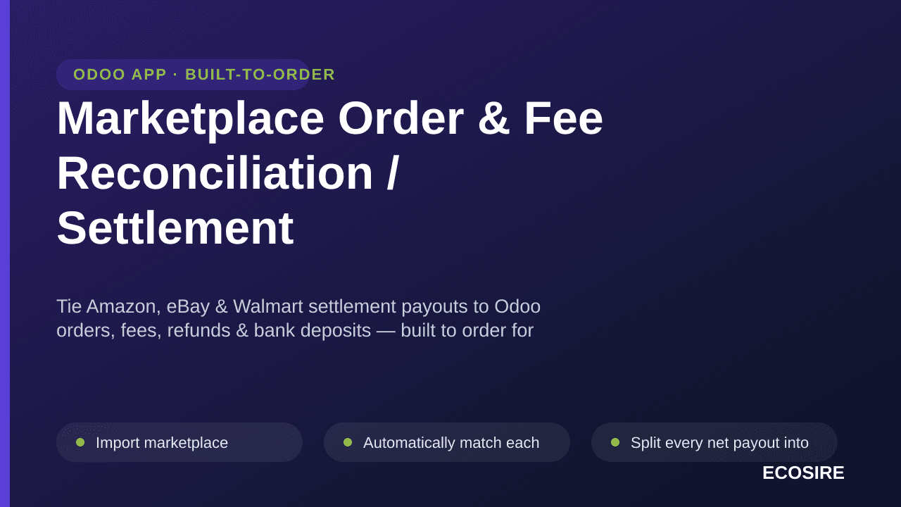 Marketplace Order & Fee Reconciliation / Settlement — Tie Amazon, eBay & Walmart settlement payouts to Odoo orders, fees, ref — Image 1 of 3