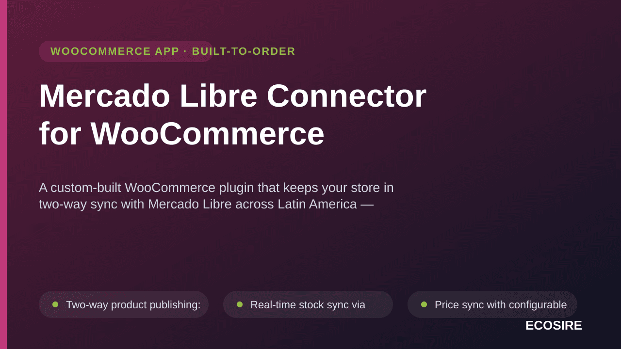 Mercado Libre Connector for WooCommerce — A custom-built WooCommerce plugin that keeps your store in two-way sync with Mercad — Image 1 of 3