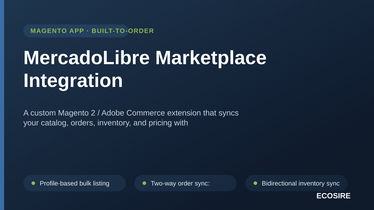 MercadoLibre Marketplace Integration — A custom Magento 2 / Adobe Commerce extension that syncs your catalog, orders, invento — Image 1 of 3