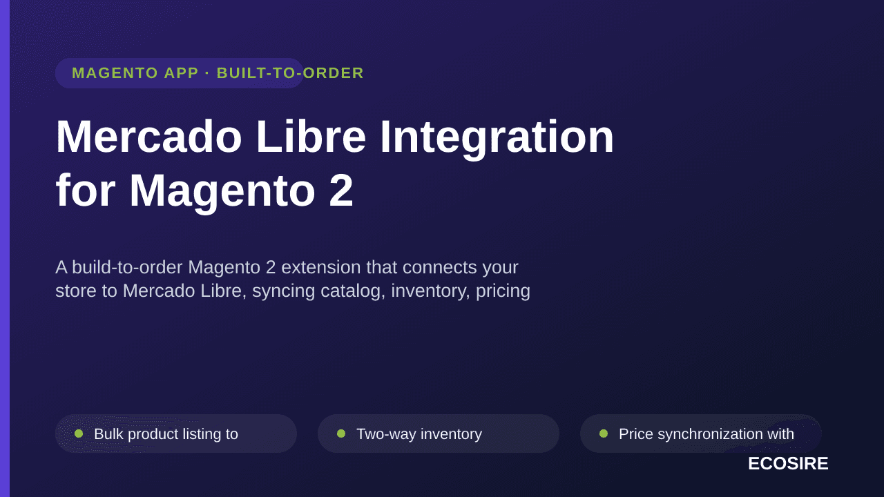 Mercado Libre Integration for Magento 2 — A build-to-order Magento 2 extension that connects your store to Mercado Libre, syn — Image 1 of 3