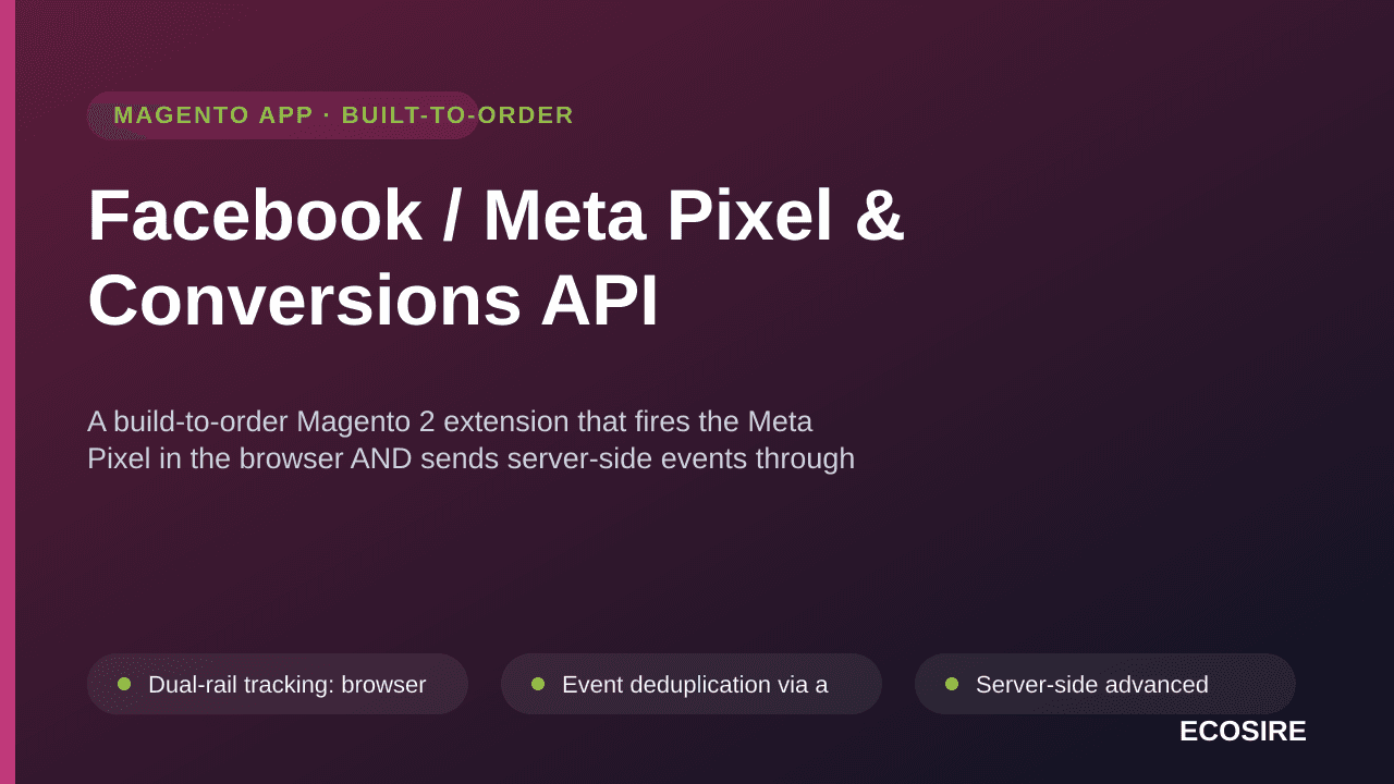 Facebook / Meta Pixel & Conversions API — A build-to-order Magento 2 extension that fires the Meta Pixel in the browser AND s — Image 1 of 3