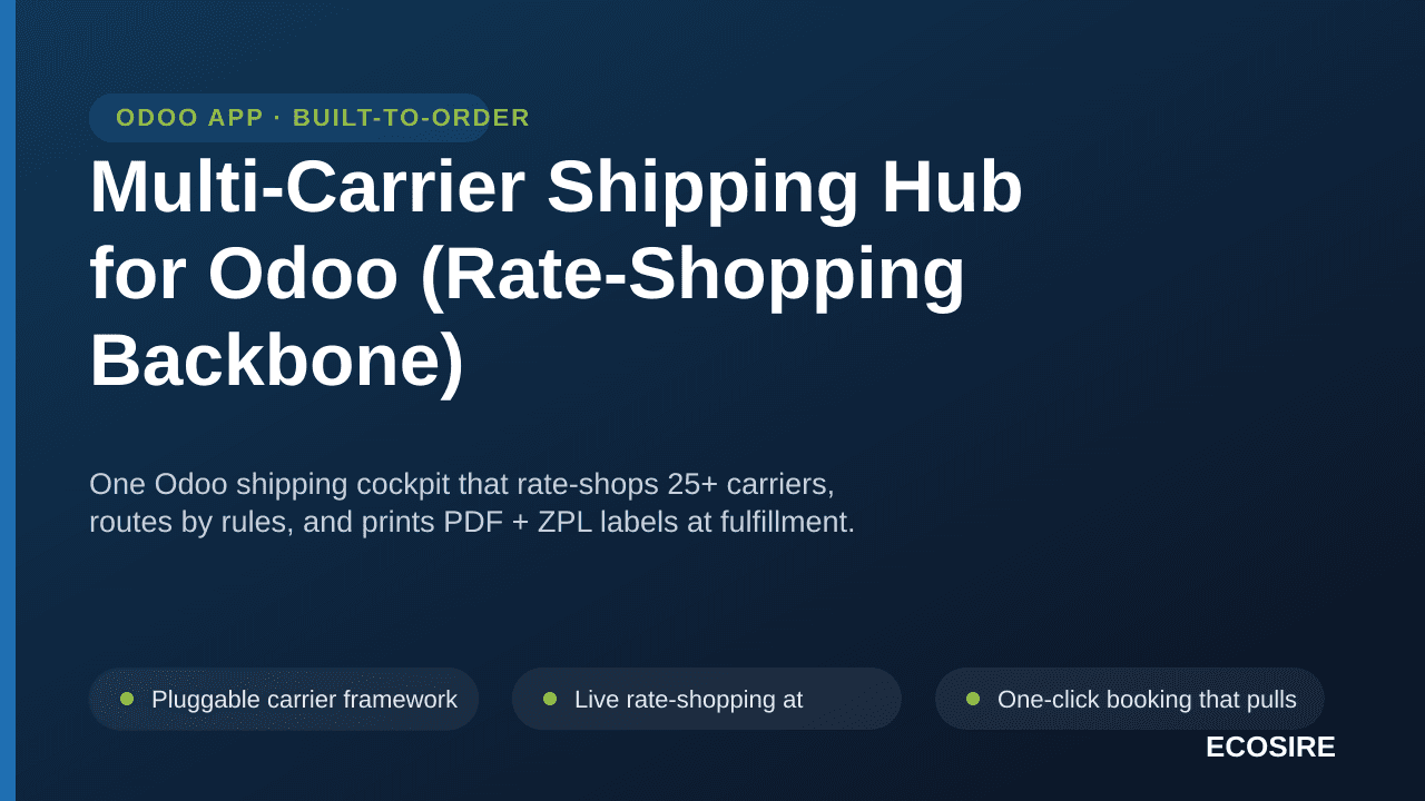 Multi-Carrier Shipping Hub for Odoo (Rate-Shopping Backbone) — One Odoo shipping cockpit that rate-shops 25+ carriers, routes — Image 1 of 3