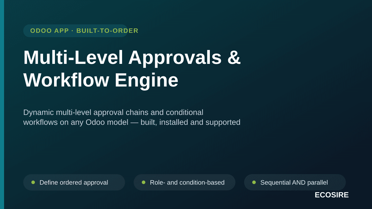 Multi-Level Approvals & Workflow Engine — Dynamic multi-level approval chains and conditional workflows on any Odoo model — b — Image 1 of 3