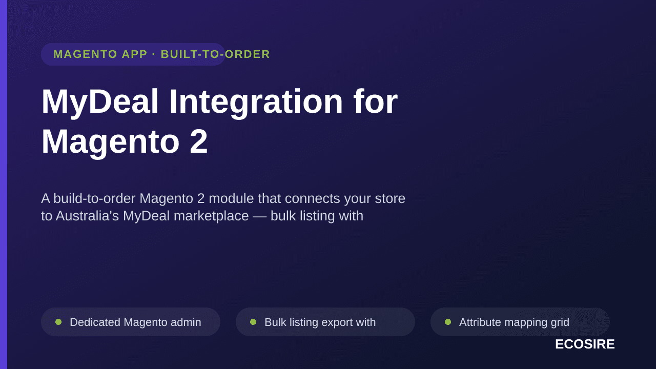 MyDeal Integration for Magento 2 — A build-to-order Magento 2 module that connects your store to Australia's MyDeal marketpla — Image 1 of 3