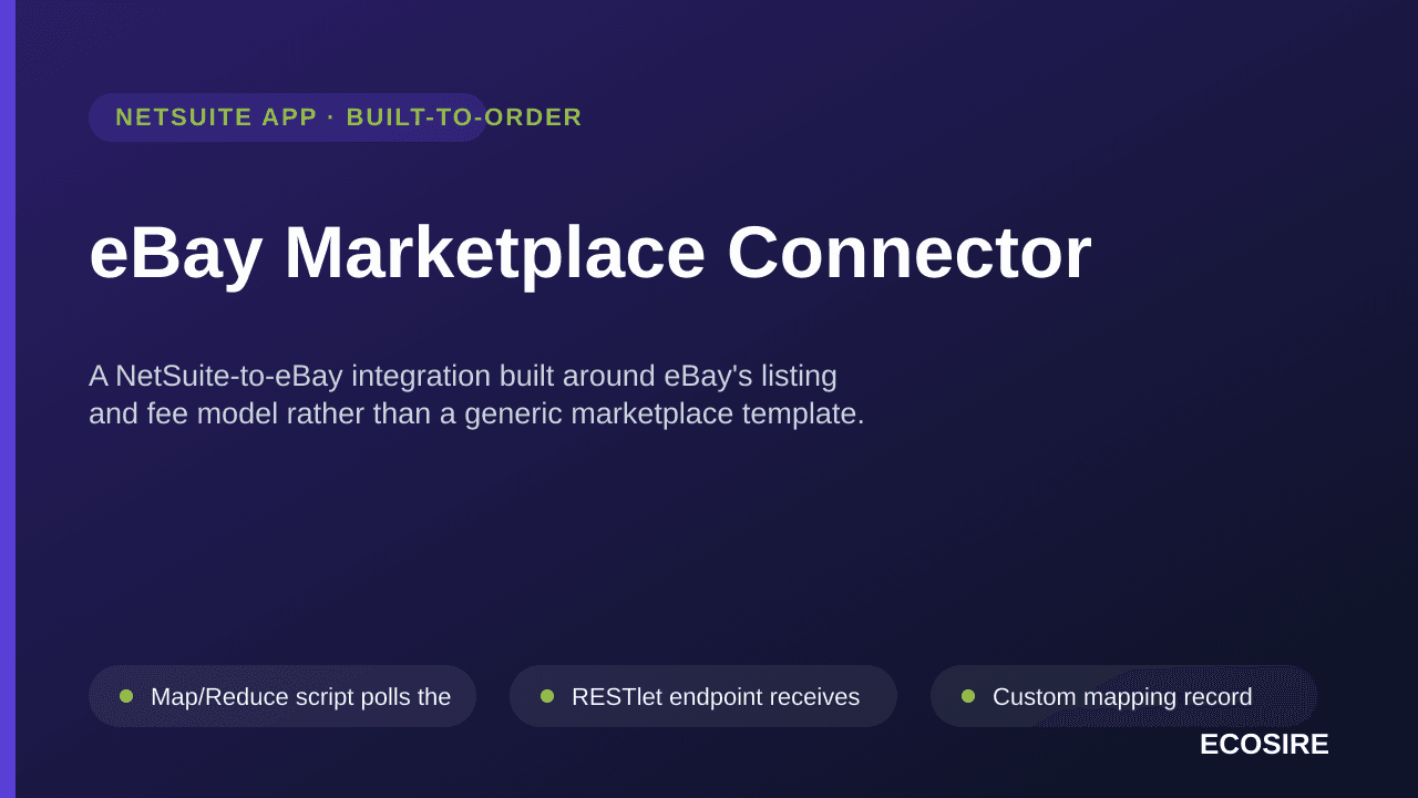 eBay Marketplace Connector — A NetSuite-to-eBay integration built around eBay's listing and fee model rather than a generic marketplace template